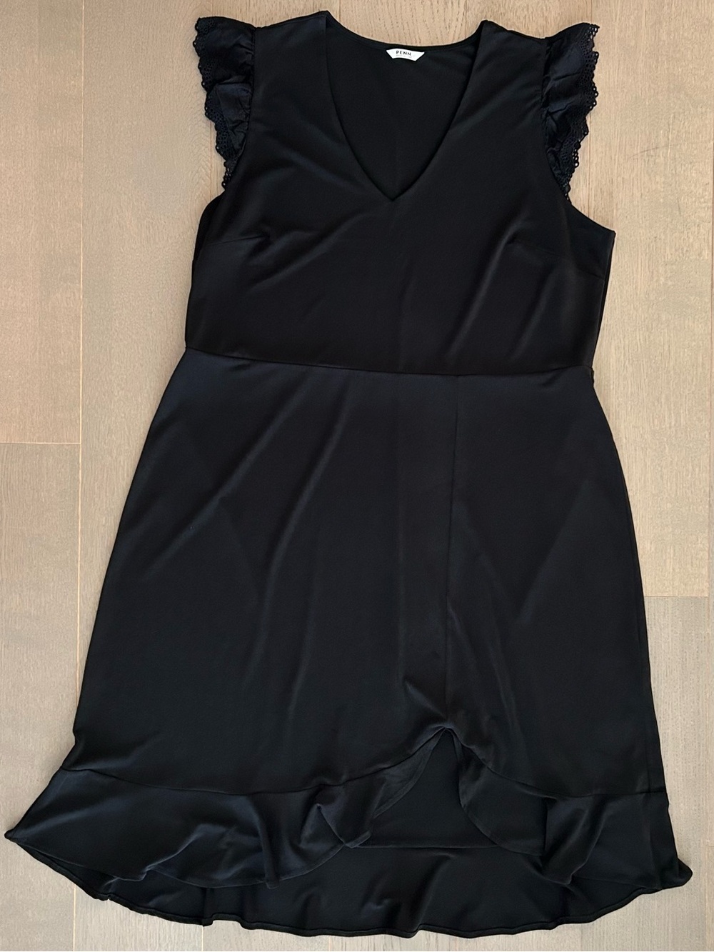 Penningtons Black Flutter Crochet Cap Sleeve Ruffled V-Neck Dress
